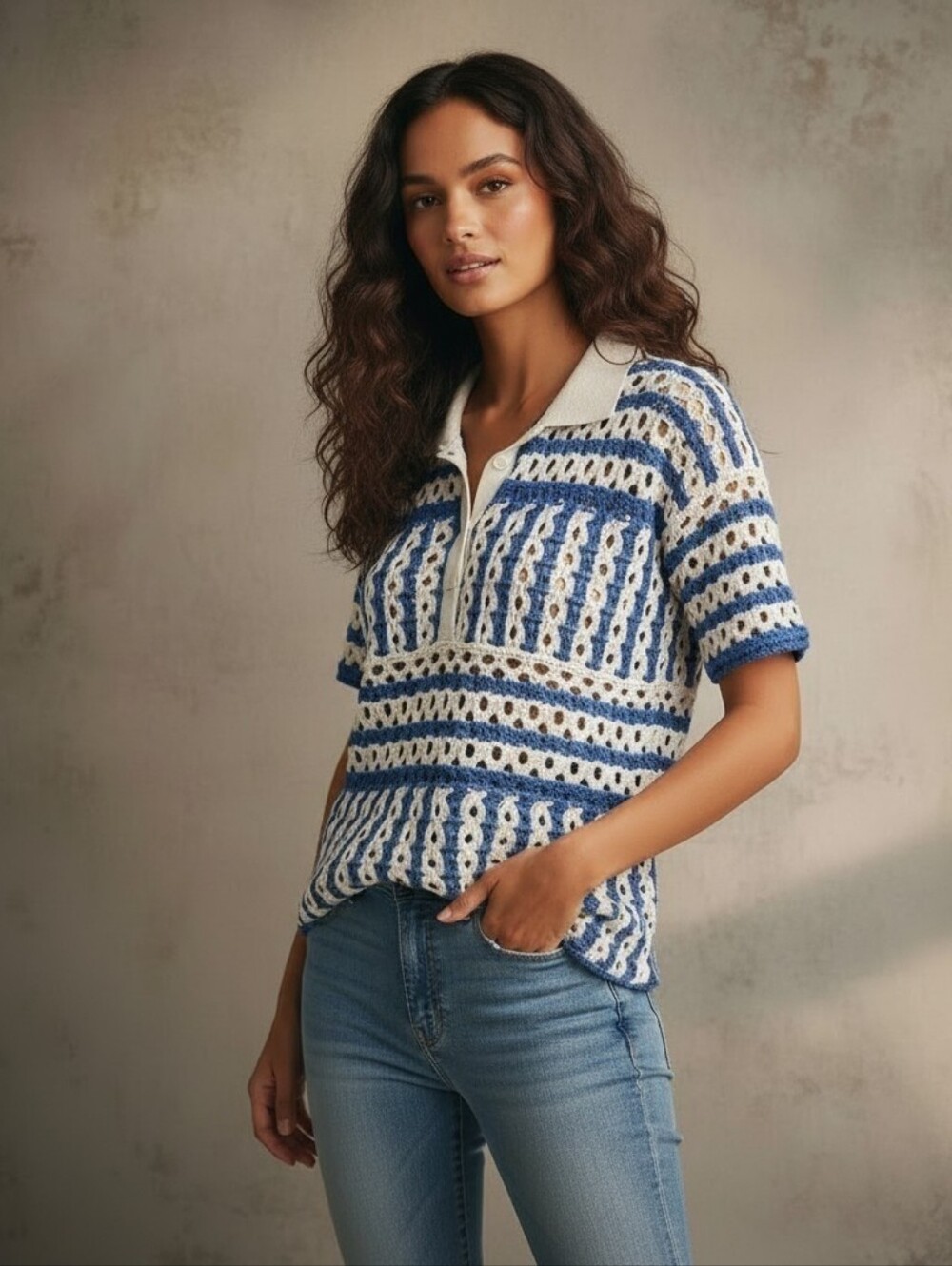 NWT PROCHE Open Crochet Polo Knit Top in White and Blue, Small